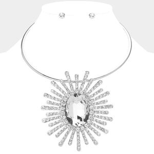 Silver Oval Sunburst Pendant Choker Necklace Abstract Statement Crystal Set